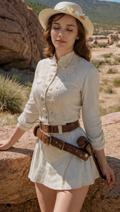 analog film photo solo, realistic, gstyle, ((european woman)), (((long brunette hair)), (((Sleepy, Drooping eyelids, half-closed eyes, and a slightly dazed expression.:1.2))), (((white cowgirl outfit, brown cowgirl hat, boots, white floral shirt, brown long skirt, leather belt, gun, revolver, gun holster))), ((Wild West Desert, deserted town, mesa, rocks)), ((dynamic pose)), skin, high detailed, 8k, clear facial features, <lora:PAseer-SD15-LCM Quick:1> <lora:ReaLora:.2> <lora:[IE]_-_Dominique_McElligott:1> dominiquemce <lora:GStyle_-_Photography_Style:.4>  . faded film, desaturated, 35mm photo, grainy, vignette, vintage, Kodachrome, Lomography, stained, highly detailed, found footage
