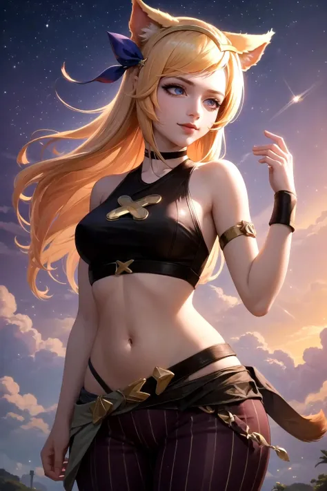 (masterpiece, best quality:1.2), intricate details, <lora:GoodHands-beta2:1>, <lora:lol_arcane_jinx_outfitV2-000011:0.9>, arcanejinxcos, 1girl, solo, stomach, sleeveless, striped pants, <lora:lux_v1:0.45>, lux \(league of legends\), smile, blonde hair