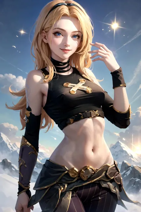 (masterpiece, best quality:1.2), intricate details, <lora:GoodHands-beta2:1>, <lora:lol_arcane_jinx_outfitV2-000011:0.9>, arcanejinxcos, 1girl, solo, stomach, sleeveless, striped pants, <lora:lux_v1:0.55>, lux \(league of legends\), smile, blonde hair, long hair