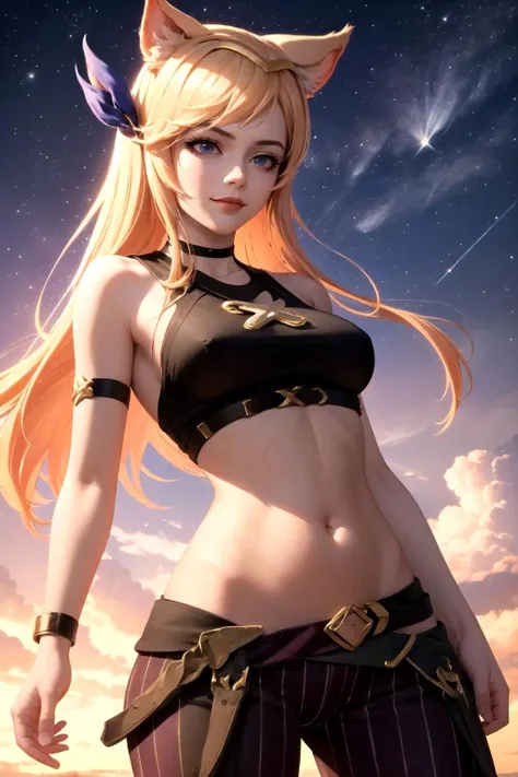(masterpiece, best quality:1.2), intricate details, <lora:GoodHands-beta2:1>, <lora:lol_arcane_jinx_outfitV2-000011:0.9>, arcanejinxcos, 1girl, solo, stomach, sleeveless, striped pants, <lora:lol_star_guardian_ahriV4:0.8>, star guardian ahri, animal ears, hair ornament, blonde hair, long hair, light smile