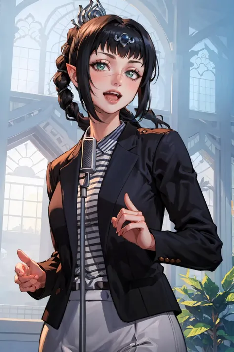 masterpiece, best quality, <lora:NeverGonnaGiveUUp:1> IncrsNeverGonnaGiveUUp, smile, open mouth, looking at viewer, microphone stand, upper body, black jacket, striped shirt <lora:shadowheart:0.9> shadowheart, pointy ears, braid, ponytail, hair ornament, bangs