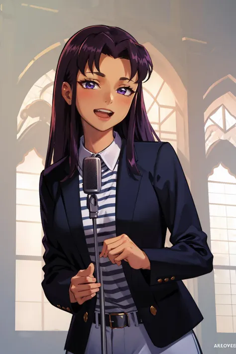masterpiece, best quality, 1girl, solo, <lora:NeverGonnaGiveUUp:.95> IncrsNeverGonnaGiveUUp, smile, open mouth, looking at viewer, microphone stand, upper body, black jacket, striped shirt <lora:blackfire:0.95> blackfire, dark skin, black hair,