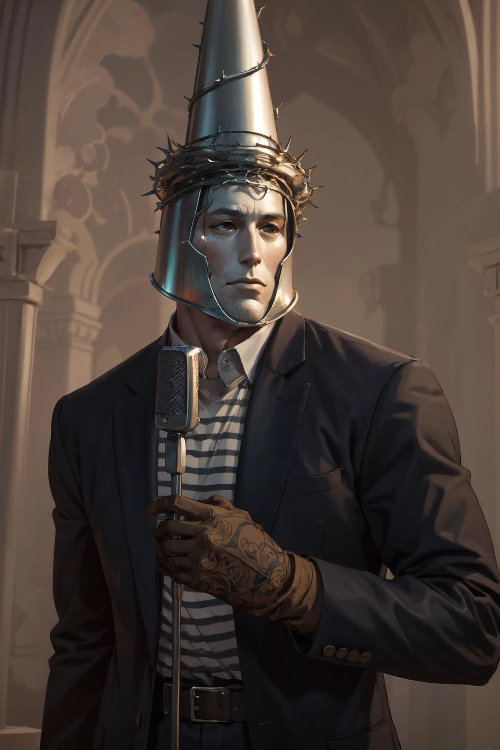 (masterpiece, best quality, 4k, detailed, intricate, realistic), IncrsNeverGonnaGiveUUp, looking at viewer, microphone stand, upper body, black jacket, striped shirt,penitentonedef,helmet, ((stone face, faceless)),brown gloves <lora:NeverGonnaGiveUUp:0.8> <lora:sppenitentOne:1>