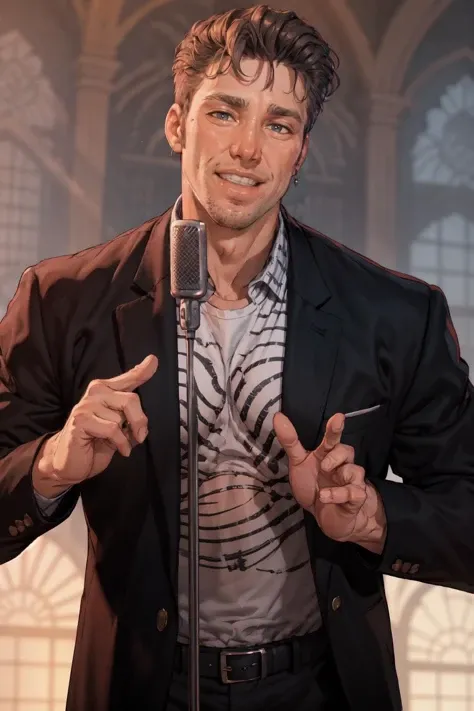(masterpiece, best quality, 4k, detailed, intricate, realistic), IncrsNeverGonnaGiveUUp,smile,open mouth, looking at viewer, microphone stand, upper body, black jacket, striped shirt,man, <lora:NeverGonnaGiveUUp:1> <lora:HAR:1>