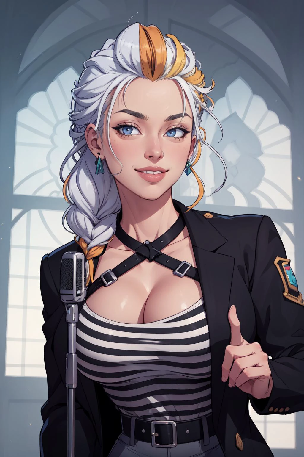 (masterpiece, best quality, 4k, aesthetic, detailed, intricate), IncrsNeverGonnaGiveUUp,smile, looking at viewer, microphone stand, upper body, black jacket, striped shirt,1girl,jainapost, multicolored hair, white hair, single braid, chest strap, cleavage, <lora:NeverGonnaGiveUUp:0.8> <lora:jainaproudmoore-wow-richy-v1:0.8>
