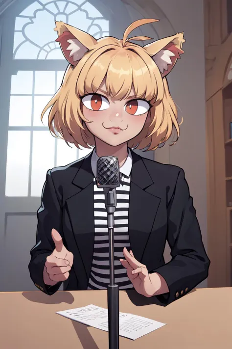 (masterpiece, best quality, 4k, aesthetic, detailed, intricate), IncrsNeverGonnaGiveUUp,:3, looking at viewer, microphone stand, upper body, black jacket, striped shirt,  necoarc,animal ears, cat ears, blonde hair, slit pupils,  bangs, chibi:1.3, antenna hair, short hair, cat girl  <lora:NeverGonnaGiveUUp:0.8> <lora:necoarc:1>