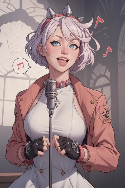 (masterpiece, best quality, 4k, aesthetic, detailed, intricate), IncrsNeverGonnaGiveUUp,smile,open mouth, looking at viewer, microphone stand, upper body, black jacket, striped shirt,1girl, striveelphelt,ahoge, hairband, spiked collar,spiked bracelet, dress, fingerless gloves,spoken musical note, <lora:NeverGonnaGiveUUp:1> <lora:guiltygear_strive_elphelt_v11:0.8>