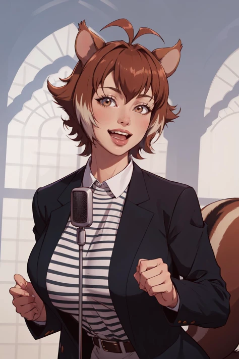 (masterpiece,best quality,absurdres,beautiful,aesthetic,detailed), IncrsNeverGonnaGiveUUp,smile,open mouth, looking at viewer, microphone stand, upper body, black jacket, striped shirt,1girl,makoto_nanaya,animal ears, squirrel girl, squirrel ears, short hair, squirrel tail, tail, antenna hair, large breasts, <lora:NeverGonnaGiveUUp:1> <lora:makoto_nanaya:0.7>