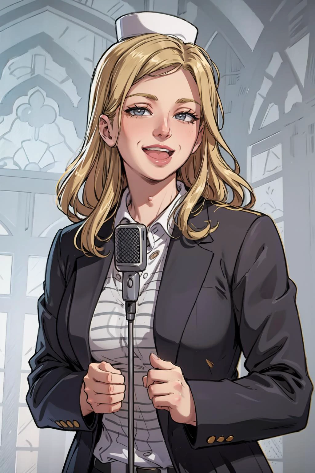 Masterpiece, best quality, IncrsNeverGonnaGiveUUp, smile, looking at viewer, microphone stand, upper body, black jacket, striped shirt, open mouth, <lora:NeverGonnaGiveUUp:.95>, maria, blonde, <lora:MariaV2:.8> beautiful,