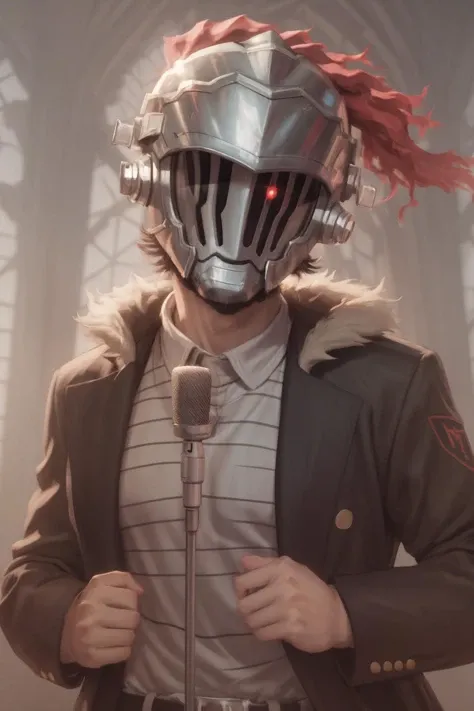 highres, 8k, face covered by mask, <lora:NeverGonnaGiveUUp:1> IncrsNeverGonnaGiveUUp, looking at viewer, microphone stand, upper body, black jacket, striped shirt, open mouth <lora:GoblinSlayer0:0.8> goblin slayer, gslayer, plume, helmet, glowing eye,
