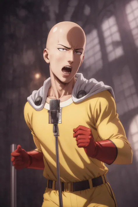 saitama one punch man, chest up portrait, city background <lora:mahonest-01:1.1> <lora:OnePunchMan:0.3>