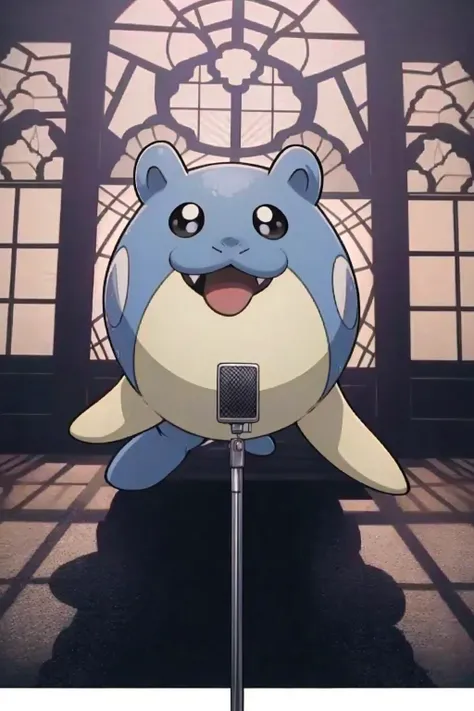 masterpiece, best quality, solo, <lora:NeverGonnaGiveUUp:1>, looking at viewer, microphone stand, <lora:Spheal_Fp:1> sphealpk, (no humans:1.3), pokemon \(creature\),