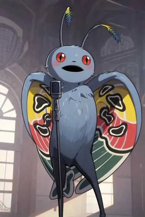 masterpiece, best quality, solo, <lora:NeverGonnaGiveUUp:1>, looking at viewer, microphone stand, <lora:Mothman_Fp:1>, mothmansmt, (no humans:1.3), pokemon \(creature\),