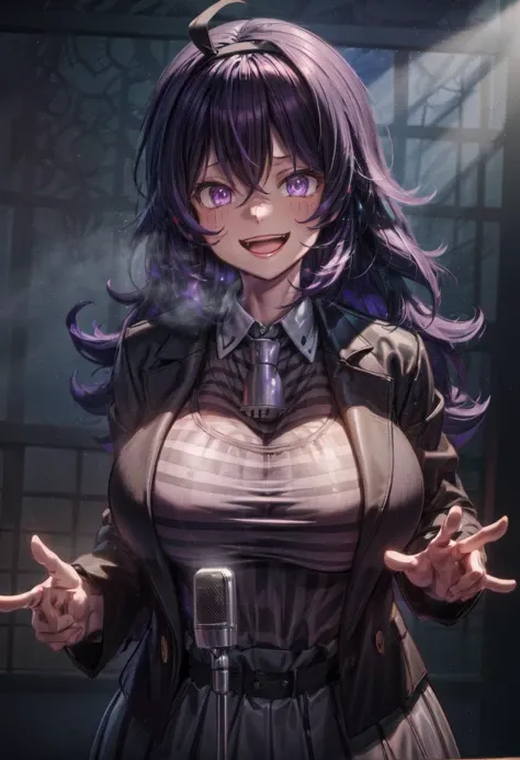 young woman, long straight dark purple hair, high ponytail, few strands of hair at the side of her face sharp emerald green eyes,black jacket, white shirt,  large breast, cowboy shot, volumptios body, open shirt, evil smile, dark aura, monster controlling the woman