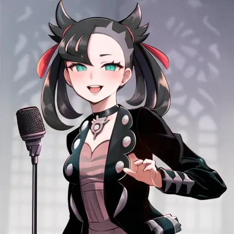 masterpiece, best quality, highly detailed, 1girl, solo, <lora:marnie_pokemon-08:1> (marnie_pokemon:1.3),
black hair, asymmetrical bangs, hair ribbon, green eyes, (seductive smile:1.4), small breasts, choker, collar, blush,
<lora:NeverGonnaGiveUUp:1> (IncrsNeverGonnaGiveUUp:1.3), smile, looking at viewer, microphone stand, upper body, black jacket, striped shirt, open mouth