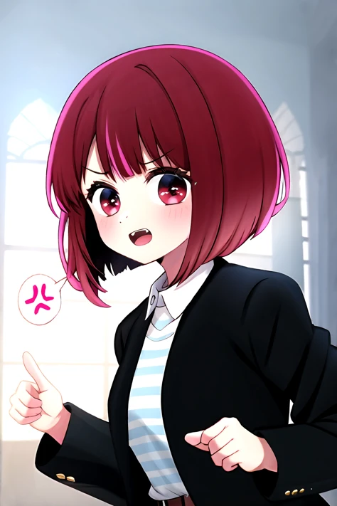 (masterpiece, highres, absurdres, best quality:1.2), 1girl, solo, pointing at viewer, angry, <lora:Kizuki - Oshi no Ko - Arima Kana:1> arima kana, red hair, bob cut, short hair, red eyes, IncrsNeverGonnaGiveUUp, <lora:NeverGonnaGiveUUp:0.8> open mouth, looking at viewer, upper body, black jacket, striped shirt, (spoken anger vein:1.4), blush, (///:1.2) fang, clenched hand, <lora:add_detail:0.2><lora:SadMadFaces:1.0><lora:GoodHands-beta2:0.0>