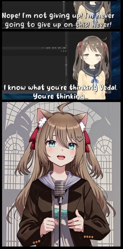 <lora:Neurosama:0.8> neuro-sama, neurocat <lora:NeverGonnaGiveUUp:0.8> IncrsNeverGonnaGiveUUp, smile, open mouth, looking at viewer, microphone stand, upper body, black jacket, striped shirt <lora:LCM_LoRA_Weights_SD15:1>,