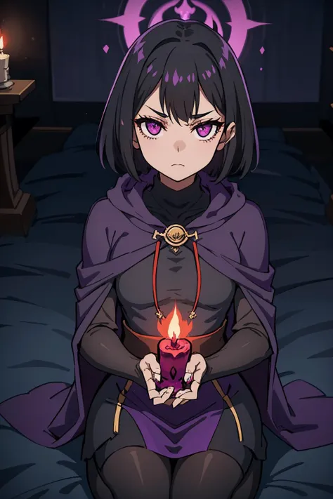 disdainful sorceress. bindi. short black hair. purple hood up. purple cape. black turtleneck dress. light gray pantyhose. performing a ritual in her dark bedroom. dim flickering candles. volumetric light. looking scornfully at viewer.