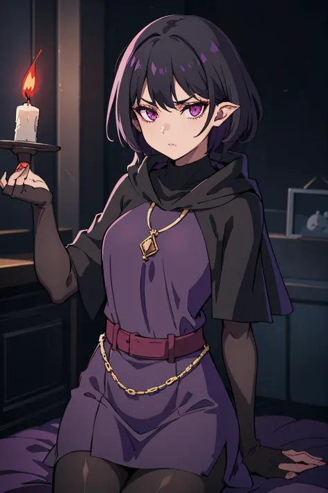 disdainful sorceress. bindi. short black hair. purple hood up. purple cape. black turtleneck dress. light gray pantyhose. performing a ritual in her dark bedroom. dim flickering candles. volumetric light. looking scornfully at viewer.