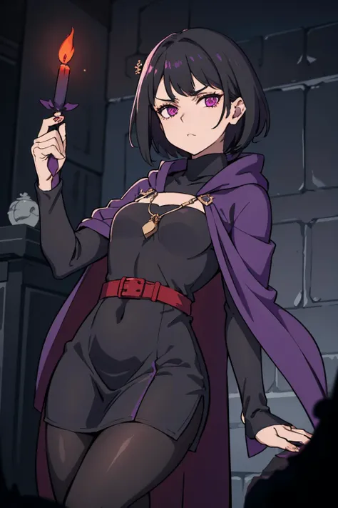 disdainful sorceress. bindi. short black hair. purple hood up. purple cape. black turtleneck dress. light gray pantyhose. performing a ritual in her dark bedroom. dim flickering candles. volumetric light. looking scornfully at viewer.