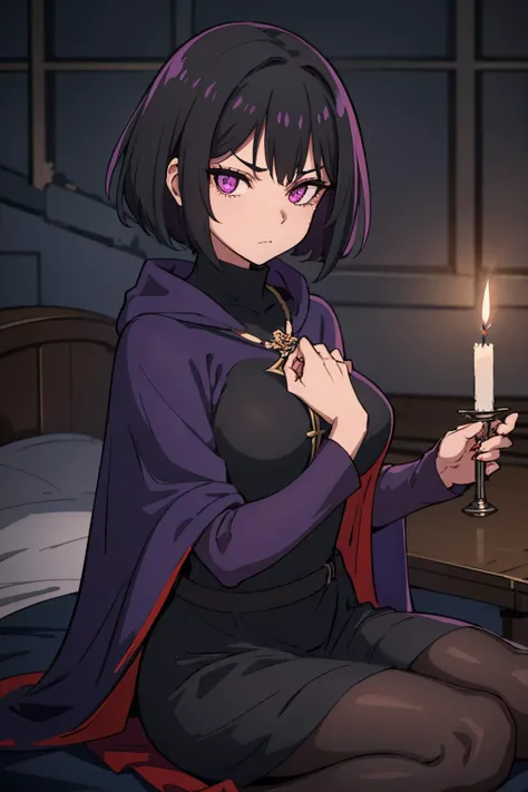 disdainful sorceress. bindi. short black hair. purple hood up. purple cape. black turtleneck dress. light gray pantyhose. performing a ritual in her dark bedroom. dim flickering candles. volumetric light. looking scornfully at viewer.