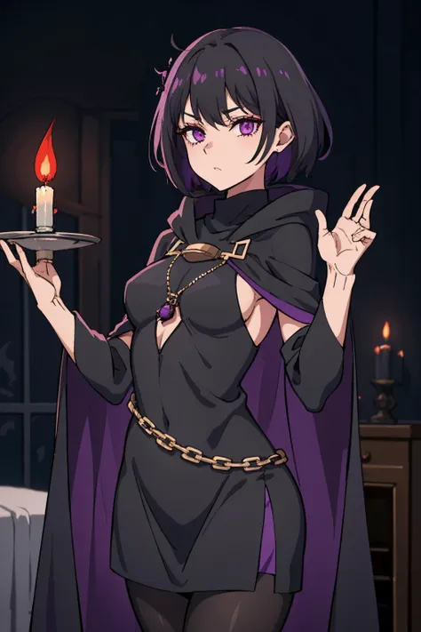 disdainful sorceress. bindi. short black hair. purple hood up. purple cape. black turtleneck dress. light gray pantyhose. performing a ritual in her dark bedroom. dim flickering candles. volumetric light. looking scornfully at viewer.