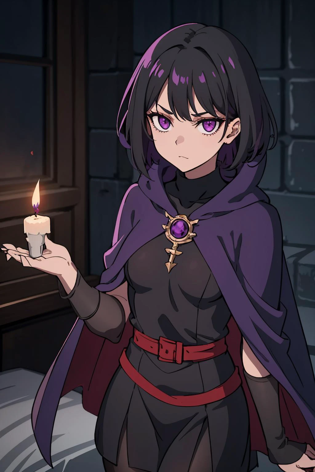 disdainful sorceress. bindi. short black hair. purple hood up. purple cape. black turtleneck dress. light gray pantyhose. performing a ritual in her dark bedroom. dim flickering candles. volumetric light. looking scornfully at viewer.