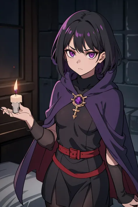 disdainful sorceress. bindi. short black hair. purple hood up. purple cape. black turtleneck dress. light gray pantyhose. performing a ritual in her dark bedroom. dim flickering candles. volumetric light. looking scornfully at viewer.