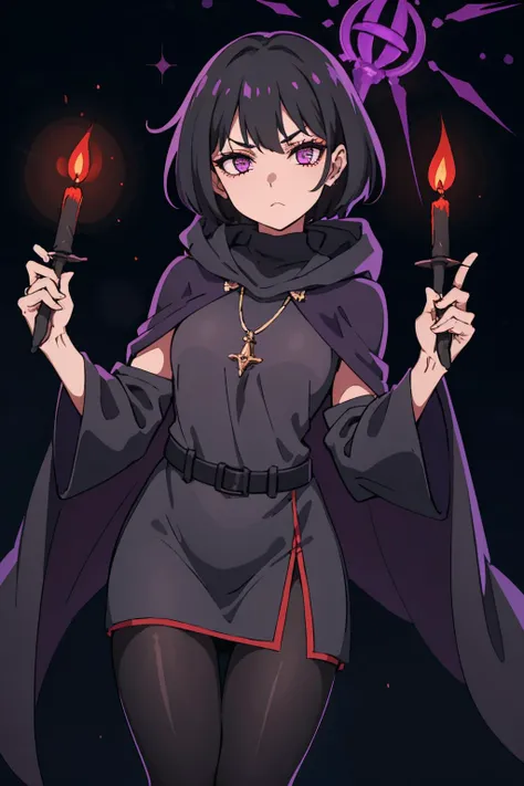 disdainful sorceress. bindi. short black hair. purple hood up. purple cape. black turtleneck dress. light gray pantyhose. performing a ritual in her dark bedroom. dim flickering candles. volumetric light. looking scornfully at viewer.