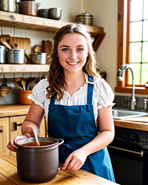 photo,  mixing a (small pot of  gravy), in the well-equippe rustic fantasy kitchen, A beautiful young (aussie welsh:1.0) wife wearing traditional costume