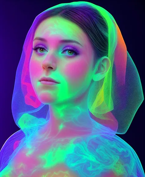 A colorful young bride waiting for a download, black digital world background, bioluminescent xray