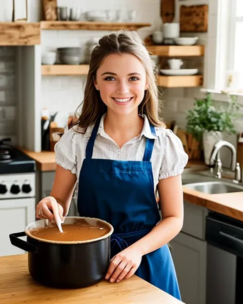 photo,  mixing a (small pot of  gravy), in the well-equippe rustic fantasy kitchen, A beautiful young (aussie welsh:1.0) wife wearing traditional costume