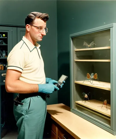 The geeky exterminator, inspecting some bugs, 1957 color portrait