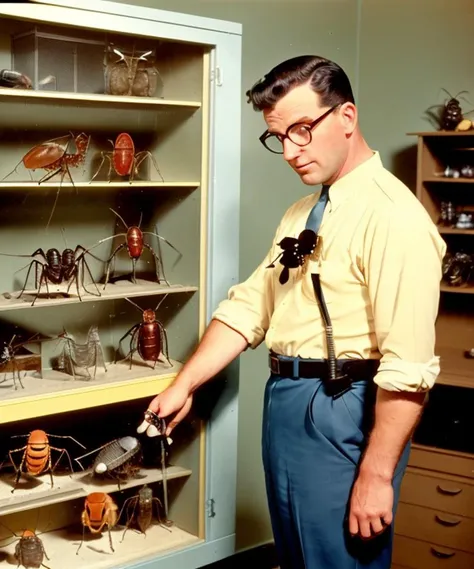 The geeky exterminator, inspecting some bugs, 1957 color photo