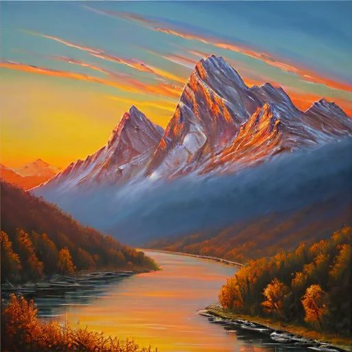 a beautiful sunset over the mountains, oil painting