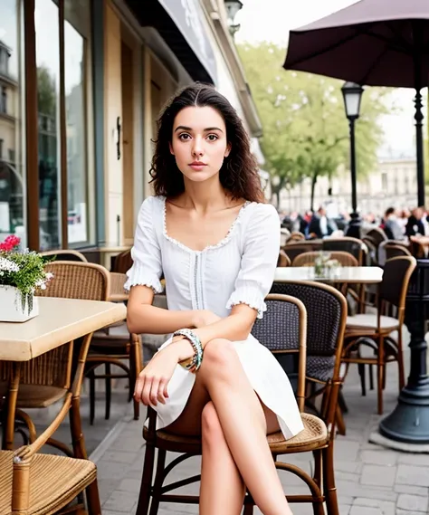 RAW, Analog, Award Winning Portrait Photograph, Gorgeous Young French Woman, sitting at outdoor cafe ((18th Century Paris))