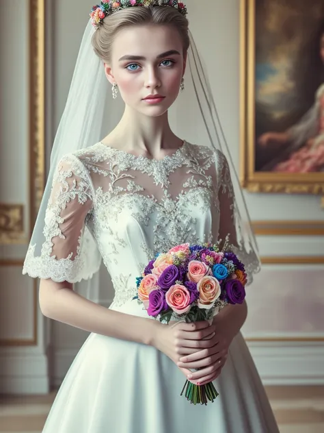 ((best quality)), ((masterpiece)), RAW, Analog, Nikon 75mm, gorgeous Russian young woman, see-though sheer wedding dress, roses, (colorful), intricate details, highly detailed, sharp focus, professional, 4k, artstation, artgerm