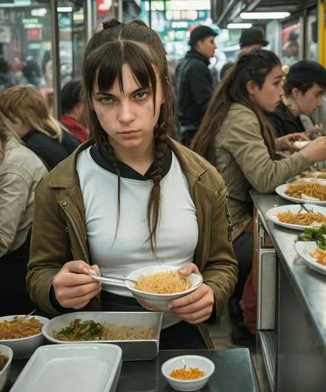 gritty raw street photography, ultra high detail sharp focus photo, plain clean earthy young female hacker, matrixpunk cybercostume, eating noodles in a busy crowded street diner, working hard,