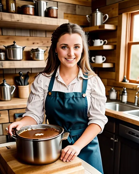 photo,  mixing a (small pot of  gravy), in the well-equippe rustic fantasy kitchen, A beautiful young (aussie welsh:1.0) wife wearing traditional costume