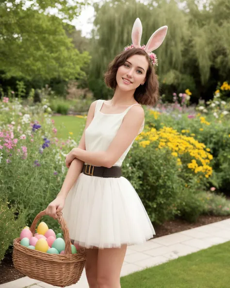 [[[[side angle]]]] [[street]] photography ((in the beautiful garden)),
a country irish texas perth tanned attractive college typical [curvy][fit] fashionista (wearing a easter bunny trendy smart fashion ensemble and flowing art deco vintage tutu),
bunny ears, holding an easter basket,  (dark auburn short hair)
excited, shocked, editorial, empathetic eyes,
subtle realism
analog film photograph by Javier Lucard