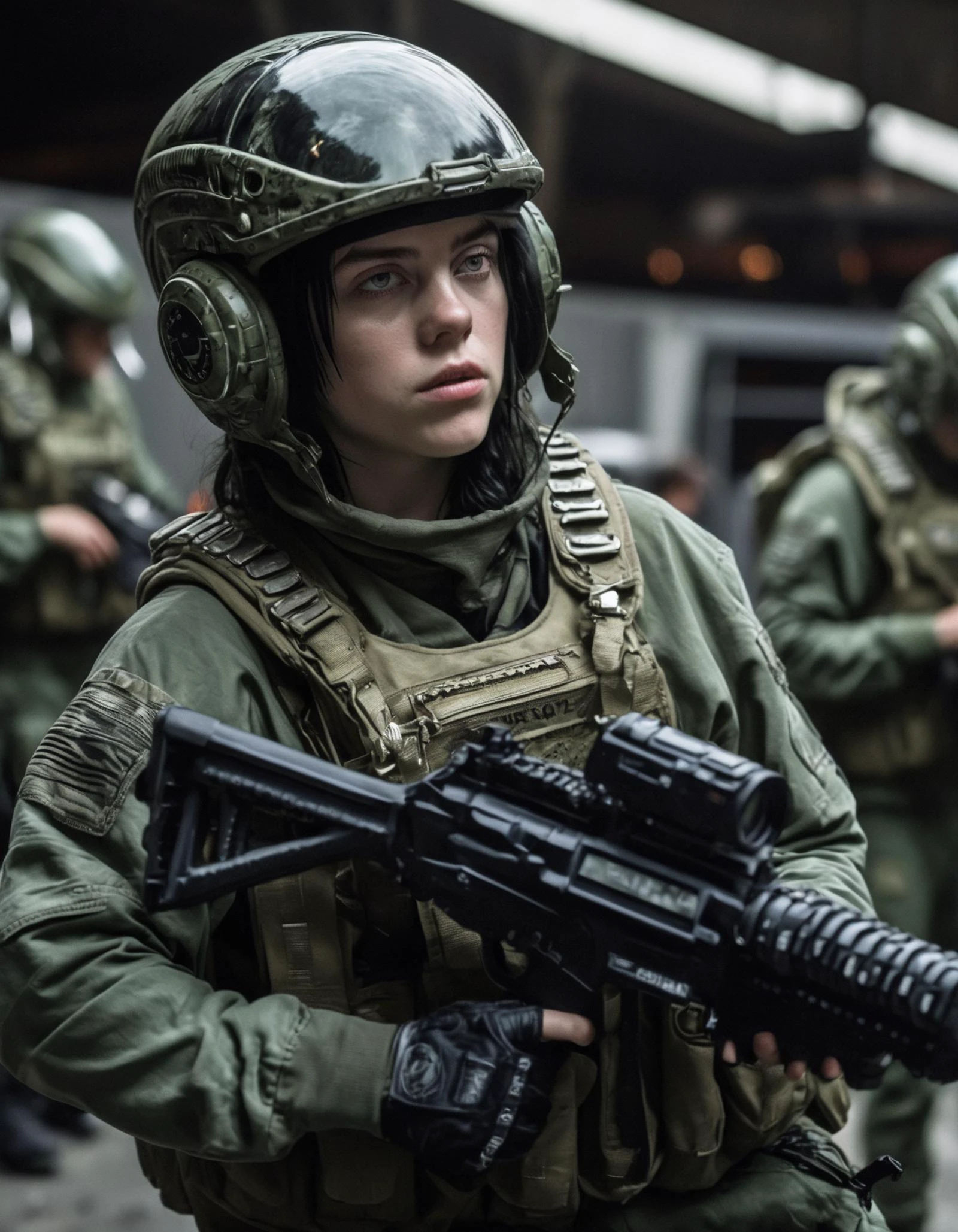 (ohwx woman) <lora:Billie_lora_sdxl_v4-000008:1> as a female soldier fighting an xenomorph, in the movie Aliens (1986), fighting an alien, ruggedly handsome hero, depth of field, zeiss lens, detailed, symmetrical, centered, fashion photoshoot, breathtaking, 8 k resolution, extremely detailed, establishing shot, artistic, hyperrealistic, octane render