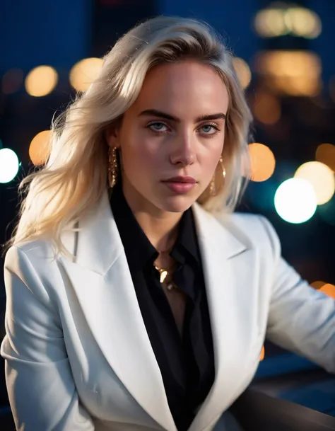 cinematic photo face closeup portrait of fit (((ohwx woman))) a businessman on a new york skyscraper roof (at night:1.1) wearing a fashion Armani suit, depth of field, zeiss lens, 105mm F2.0, fashion shooting, fashion clean cut,Sony a7R, cinematic lighting, city lights, in style of Everett Raymond Kinstler   <lora:billie_dh128_lora_v2:1.1> . 35mm photograph, film, bokeh, professional, 4k, highly detailed