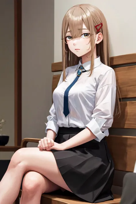 masterpiece, best quality, highres, 1girl kusakabe hiyori brown hair, white shirt, black skirt <lora:kusakabe_hiyori_d32:1> sitting, crossed legs