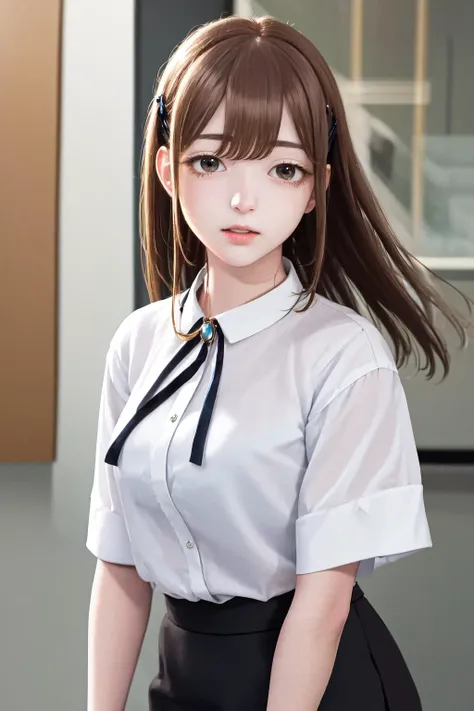 1young girls, (extremely detailed beautiful face), Smile happily, (Best Quality:1.4), (Ultra-detailed), (extremely detailed CG unified 8k wallpaper), Highly detailed, High-definition raw color photos, Professional Photography, Realistic portrait, Cinematic Light, ((Ponytail)), Bangs, (High School Uniform, Pleated mini-skirt:1.3), crass room, (view from below:1.2),