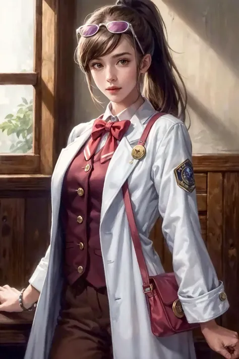 best quality,masterpiece,highres,original,extremely detailed wallpaper,perfect lighting,extremely detailed CG,<lora:add_detail:0.3>,
<lora:emaskye:0.7>,emaskye,(ponytail, brown hair, labcoat),armband,eyewear on head,bag,bow,badge,test tube,