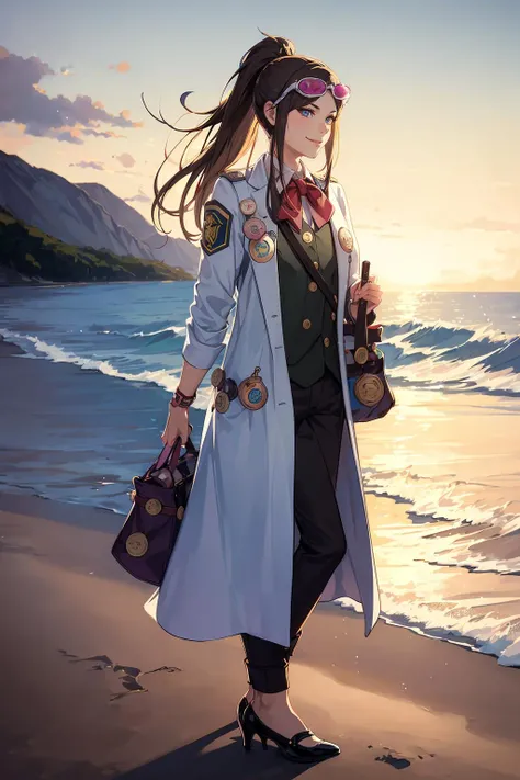 (solo, 1girl), (absurdres, highres, official wallpaper, poster), (masterpiece, best quality:1.2), (illustration, realistic), (perfect details, highest detailed, extreme detailed), dramatic light, <lora:emaskye:1>, emaskye, (ponytail, brown hair, labcoat, high heels, pants, beach, ocean standing, evil smile), (armband, eyewear on head, bag, bow, badge, test tube:1.2),