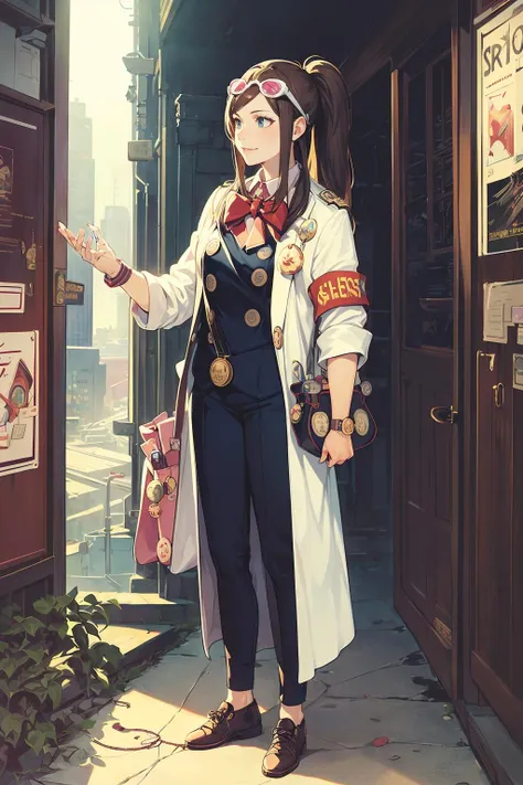 (solo, 1girl), (absurdres, highres, official wallpaper, poster), (masterpiece, best quality:1.2), (illustration, realistic), (perfect details, highest detailed, extreme detailed), dramatic light, <lora:emaskye:1>, emaskye, (ponytail, brown hair, labcoat), (armband, eyewear on head, bag, bow, badge, test tube:1.2), (standing, full body, city)