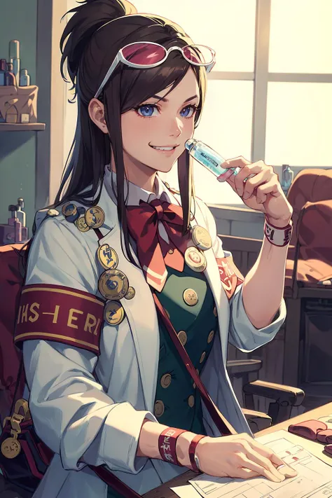 (solo, 1girl), (absurdres, highres, official wallpaper, poster), (masterpiece, best quality:1.2), (illustration, realistic), (perfect details, highest detailed, extreme detailed), dramatic light,  <lora:emaskye:1>, emaskye, (ponytail, brown hair, labcoat, living room, sitting, evil smile),  (armband, eyewear on head, bag, bow, badge, test tube:1.2),