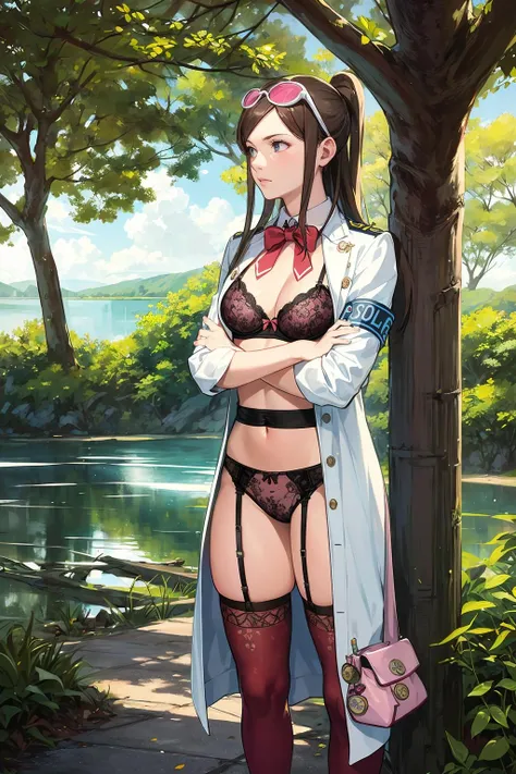 (solo, 1girl), (absurdres, highres, official wallpaper, poster), (masterpiece, best quality:1.2), (illustration, realistic), (perfect details, highest detailed, extreme detailed), dramatic light, <lora:emaskye:1>, emaskye, (labcoat, brown hair), (armband, eyewear on head, bag, bow, badge, test tube:1.2), ((print lingerie), (print bra), (print panties), garter belt, thighhighs), (thinking, searching, standing, looking upen, crossed arms), (park, tree, cloudy, police car, lake)