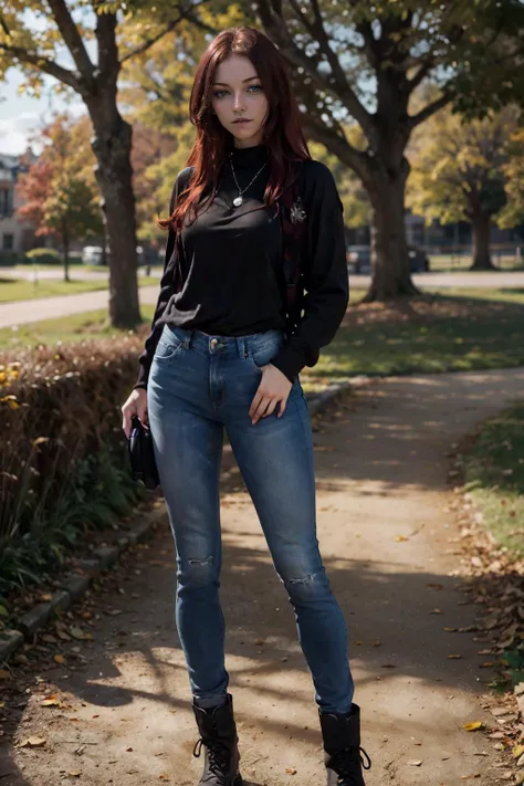 <lora:MadiKruz:.8>, kruzadar woman, blue eyes, dark red hair,black turtleneck, jeans, boots, looking at viewer, serious, standing, outside, park, field, tree, autumn, blue sky, high quality, masterpiece,